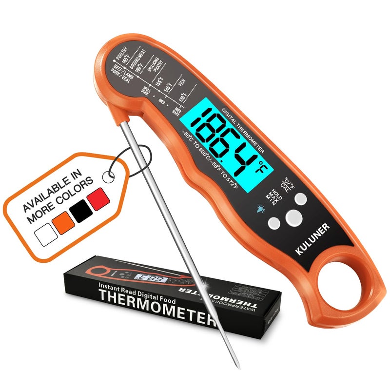 KULUNER TP-01 Waterproof Digital Instant Read Meat Thermometer with 4.6 Folding Probe Backlight Calibration Function for Cooking Food Candy, BBQ Grill, Liquids,Beef(Orange) - Image 1